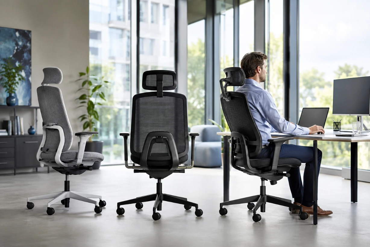 Moderne ergonomische Bürostühle im hellen Büro, Vergleich von Sitzkomfort und gesunder Haltung.