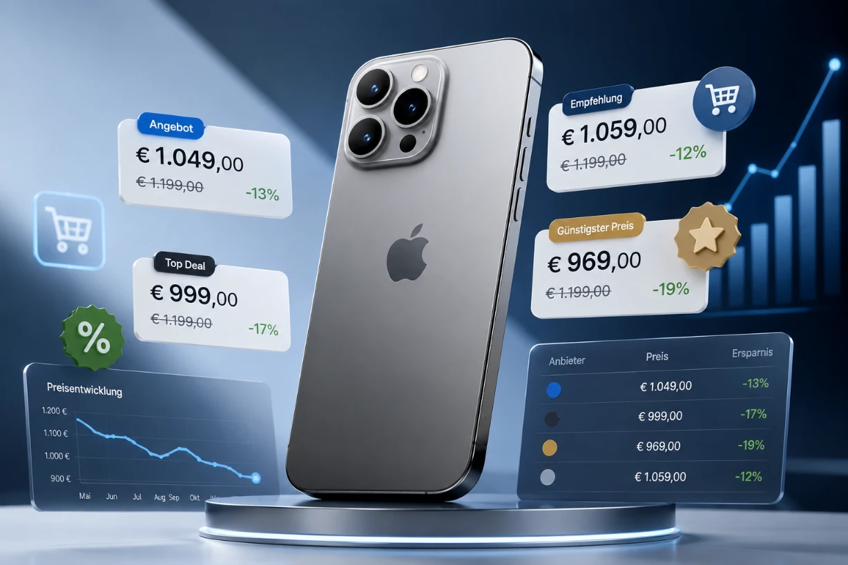 iPhone 16 mit Preisvergleich, Rabattangeboten und aktuellen Kostenübersichten auf modernem Hintergrund.