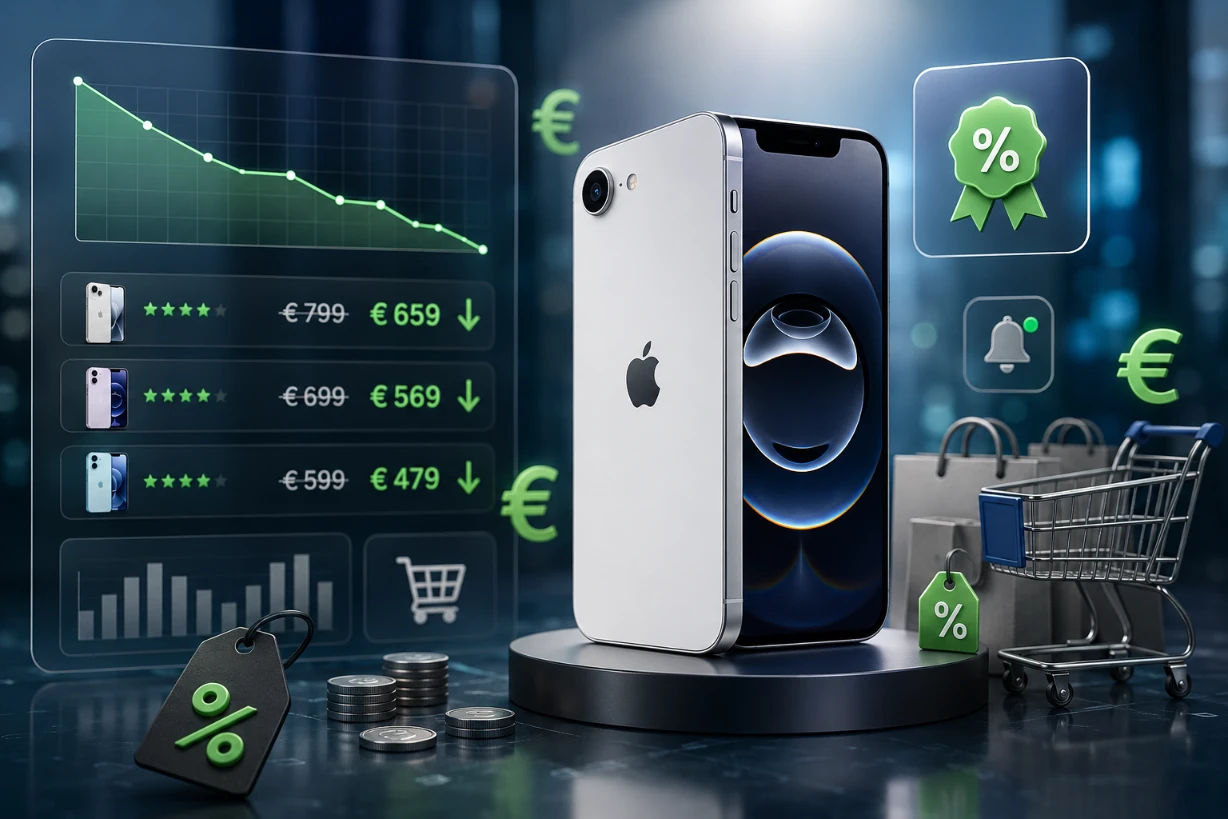Preisvergleich für iPhone 16e mit Rabattangeboten, Euro-Symbolen und moderner Kaufberatung.