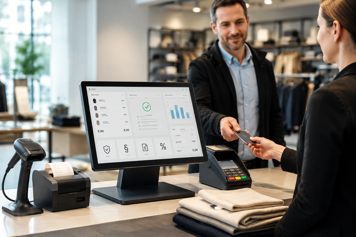 Modernes Kassensystem im Einzelhandel mit Kartenzahlung, digitalen Belegen und POS-Software.