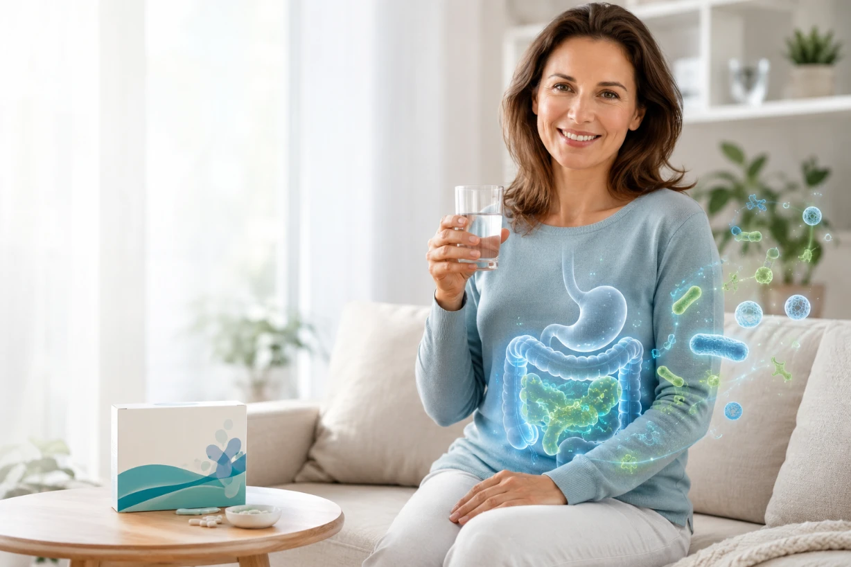 Frau in hellem Wohnzimmer hält Wasserglas Darmgesundheit mit moderne Probiotika-Darstellung im Fokus.