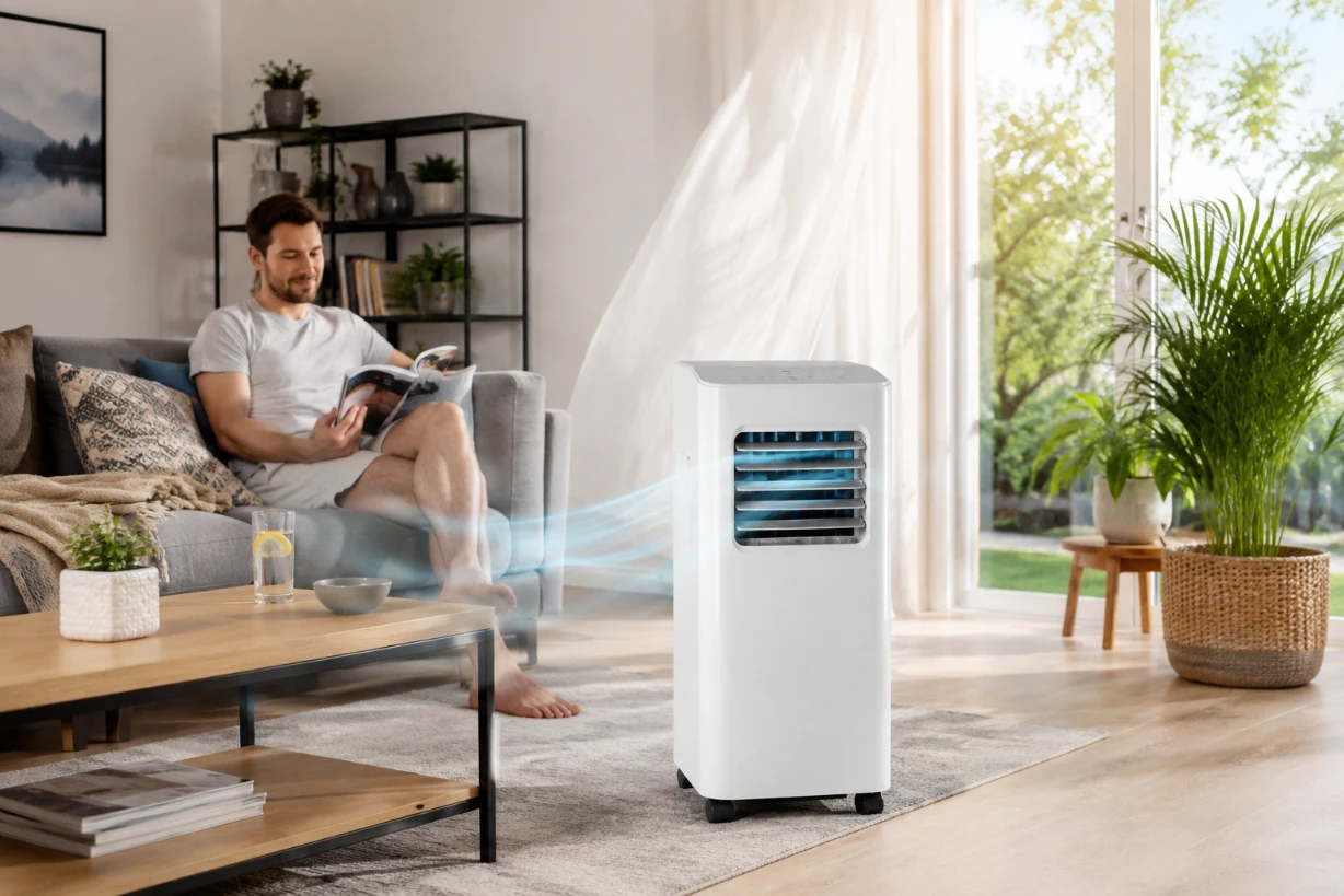 Entspannter Mann im Wohnzimmer neben mobiler Klimaanlage ohne Abluftschlauch im Sommer bei Hitze da.