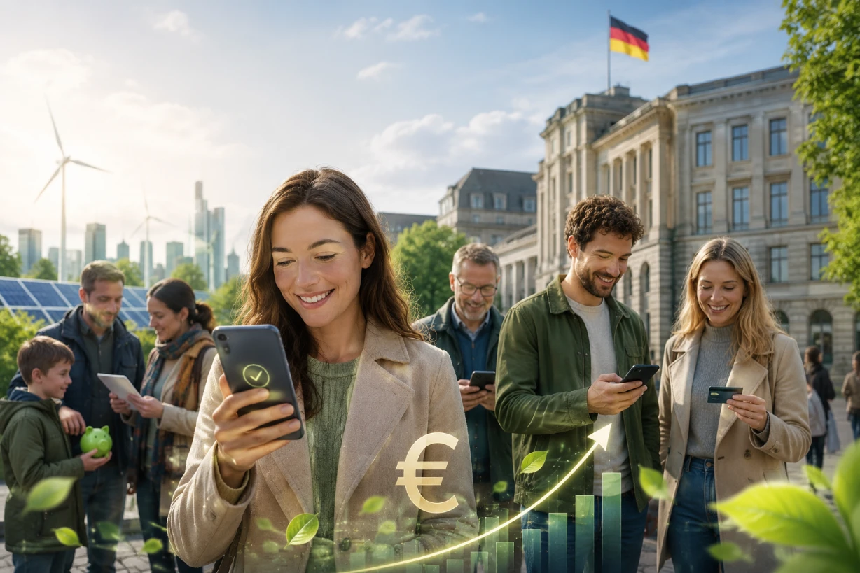 Bürger prüfen Klimageld-Auszahlung per Smartphone vor Behördengebäude mit nachhaltiger Stadtkulisse.