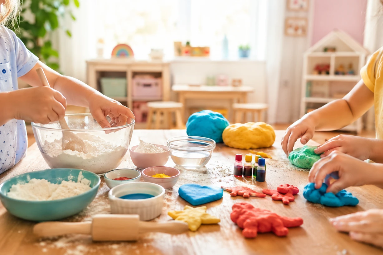 Kinder stellen bunte Knete selbst her und formen kreative Figuren an einem hellen Basteltisch.