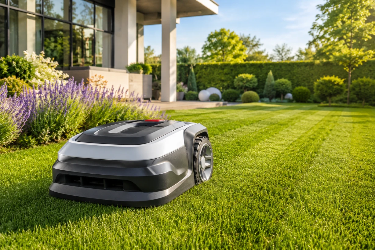 Moderner Kress Mähroboter mäht selbstständig einen gepflegten Rasen vor einem modernen Haus.