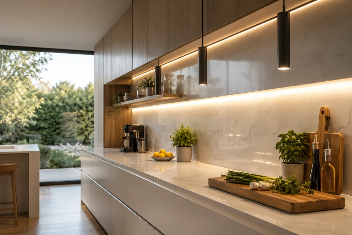 Moderne helle Küche mit LED Pendelleuchten über Arbeitsplatte stilvoll und minimalistisch warm Licht.