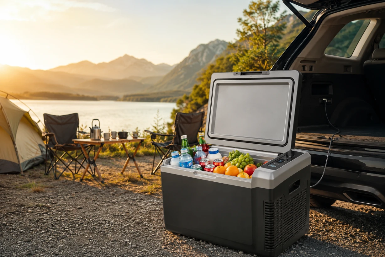 Elektrische Kühlbox neben SUV beim Camping am See mit gekühlten Getränken im Abendlicht und Bergblick.