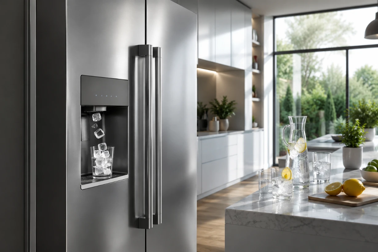 Moderner Edelstahl-Kühlschrank mit Eiswürfelspender in heller moderner Designküche mit Glas undEis.