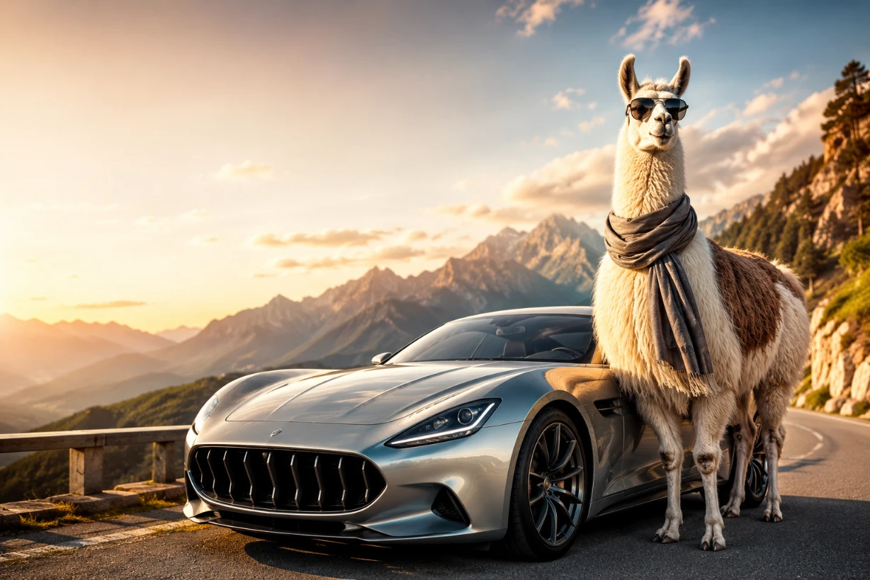 Lama mit Sonnenbrille neben edlem Sportwagen auf Alpenstraße im warmen Licht der Abendsonne.