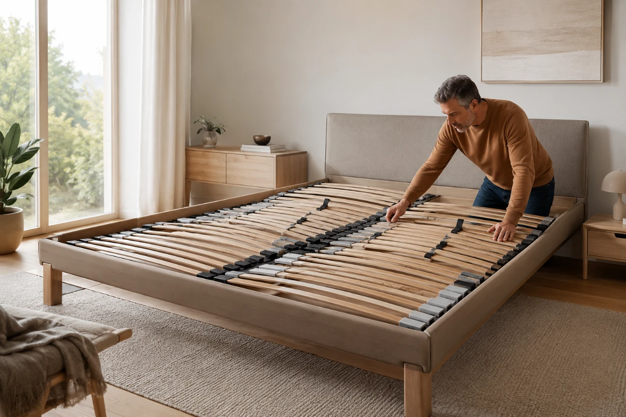 Moderner Lattenrost 140x200 im hellen Schlafzimmer, Käufer prüft Holzleisten und Qualität im Fokus.