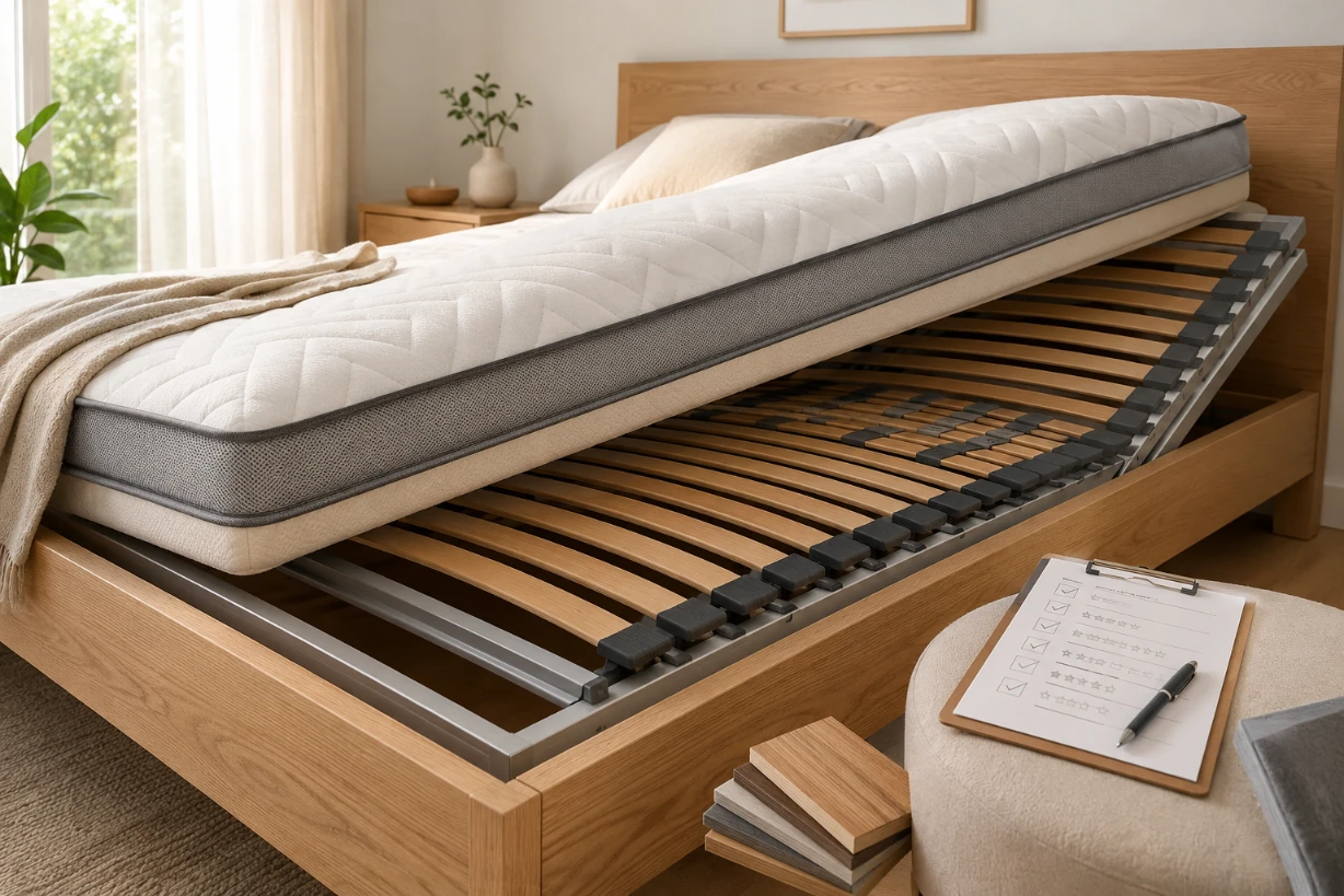 Modernes Schlafzimmer mit Lattenrost 90x200 unter Matratze im skandinavischen Morgenlicht für guten Schlaf !