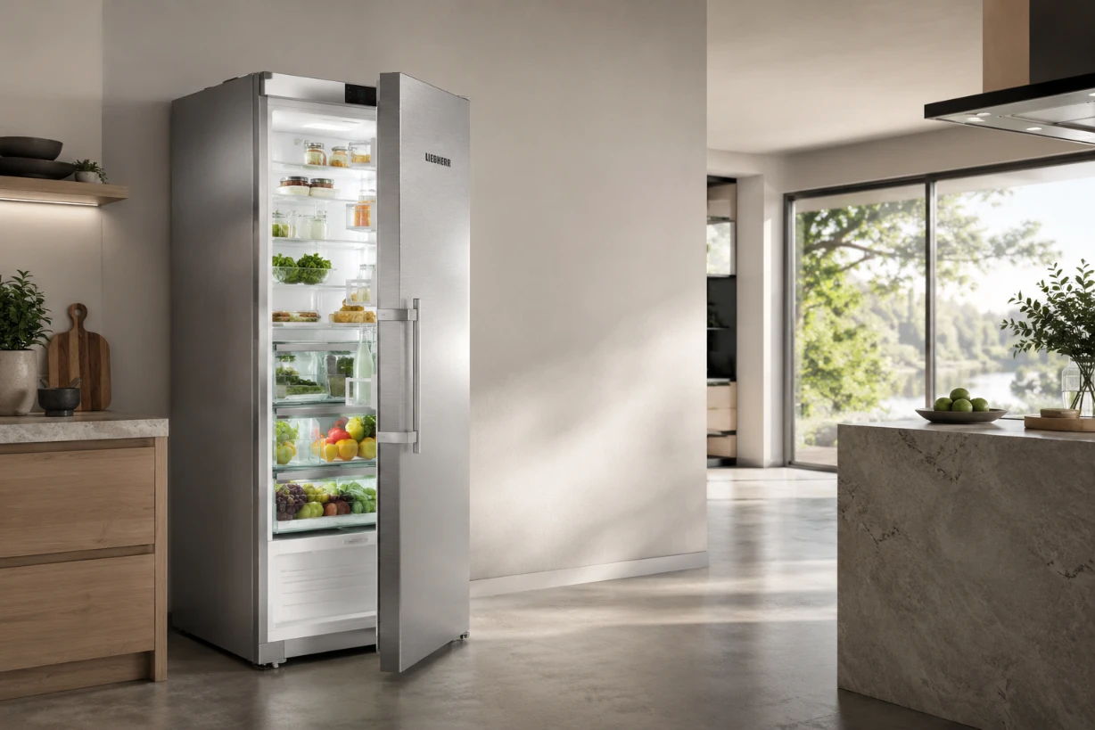 Moderner Liebherr-Kühlschrank in heller Küche mit frischen Lebensmitteln und hochwertigem Design.