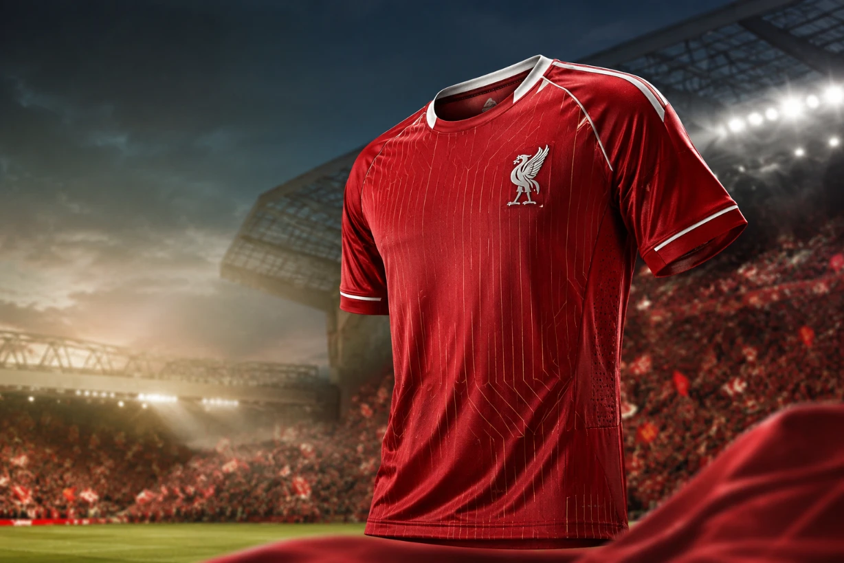 Liverpool 2026 Trikot im Flutlichtstadion, detailreich inszeniert vor begeisterten Fans.