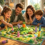 Fröhliche Familie spielt ein buntes Hasen-Brettspiel am Tisch im sonnigen Wohnzimmer mitwarmem Licht.
