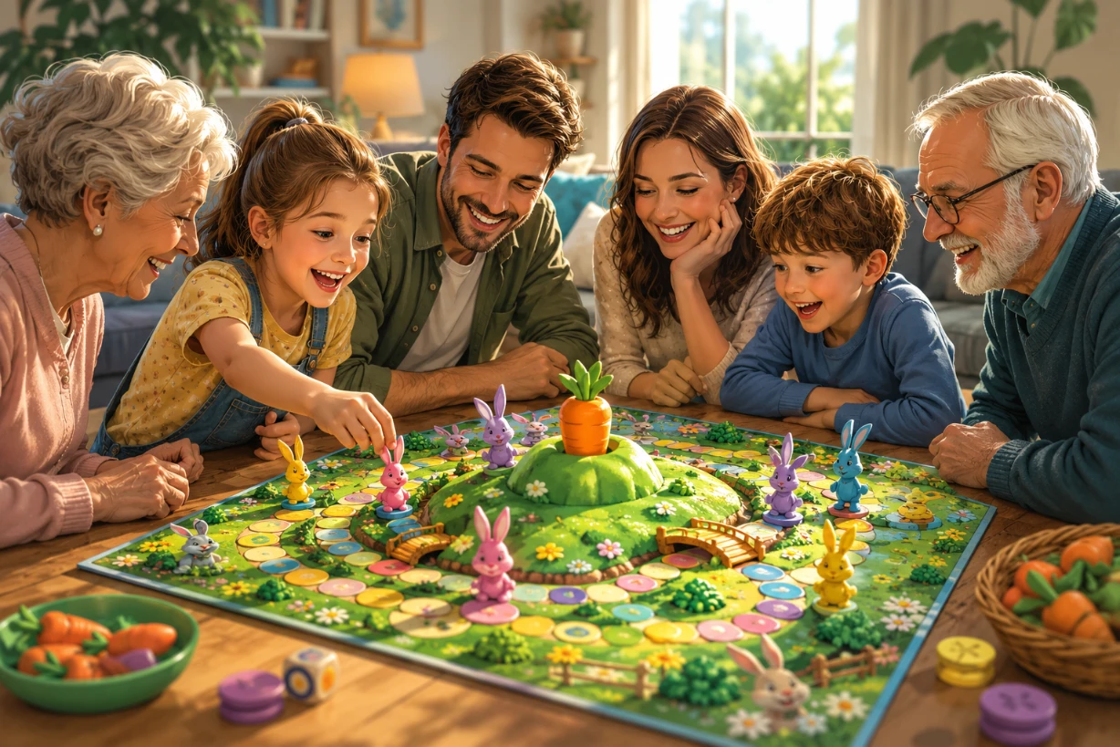 Fröhliche Familie spielt ein buntes Hasen-Brettspiel am Tisch im sonnigen Wohnzimmer mitwarmem Licht.
