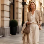 Elegante Frau in zeitloser Marc-Aurel-Mode auf stilvoller europäischer Straße mit Luxusflair.