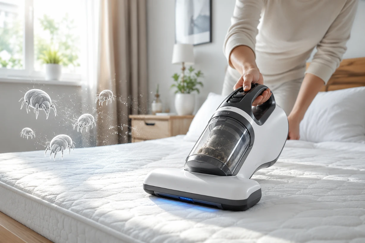 Milbensauger reinigt weiße Matratze im hellen Schlafzimmer und reduziert Hausstauballergene effektiv.