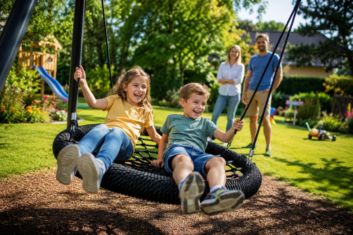 Glückliche Kinder auf einer sicheren Nestschaukel im sonnigen Garten, Eltern beobachten entspannt.