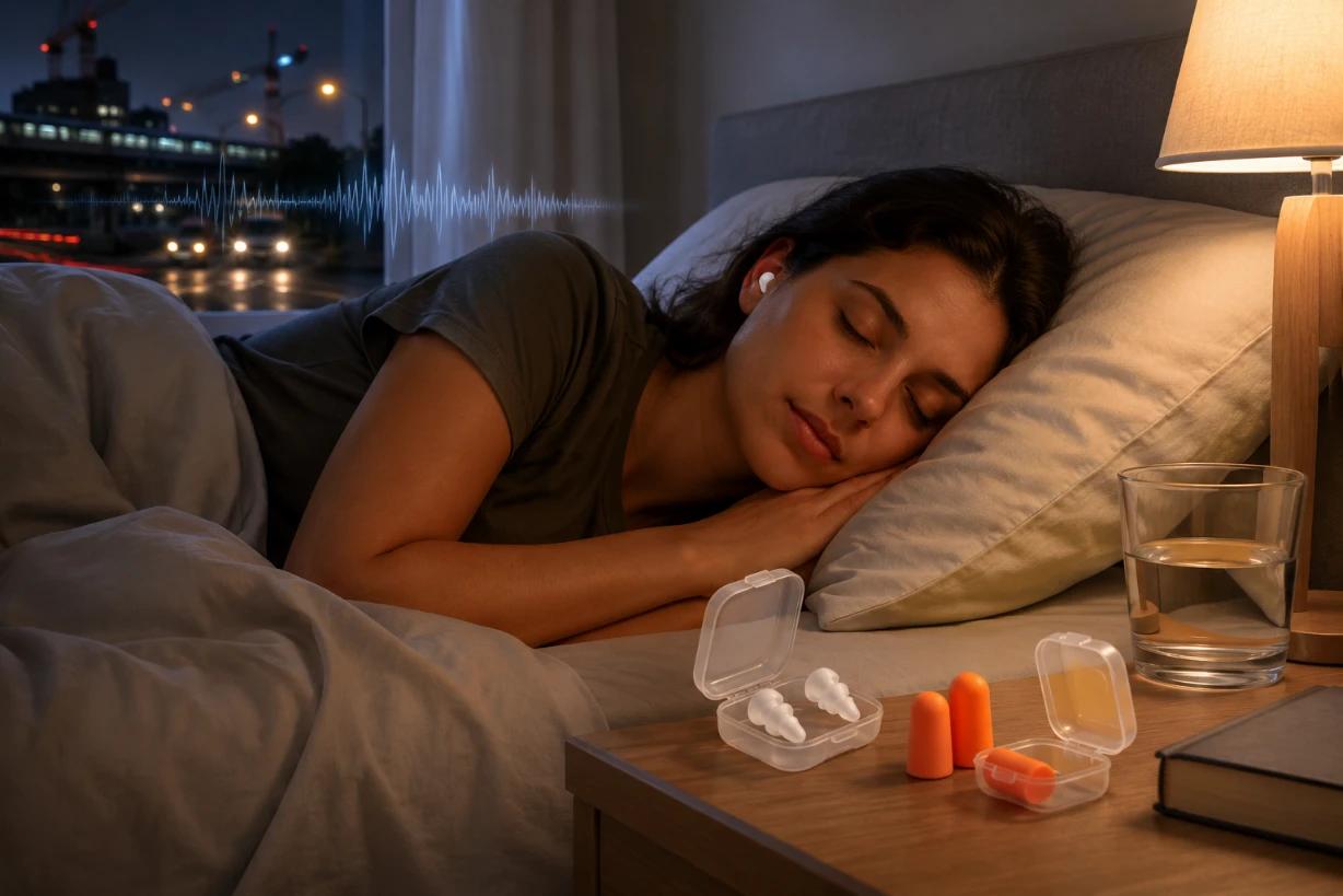 Schlafende Person mit Ohrstöpseln im ruhigen Schlafzimmer, Außenlärm wird sichtbar gedämpft.