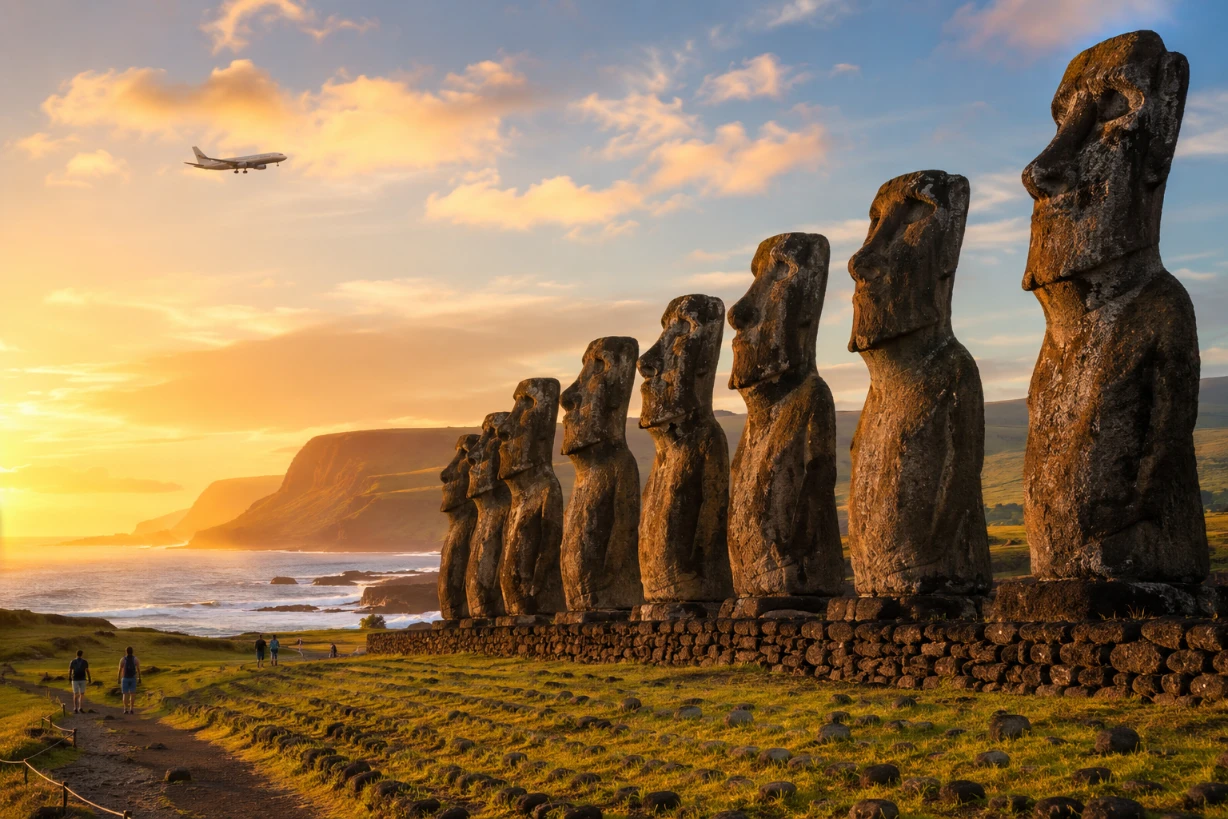 Moai-Statuen auf der Osterinsel bei Sonnenuntergang mit Pazifikblick und Reisenden im Vordergrund.
