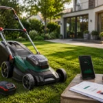 Parkside Akku-Rasenmäher auf gepflegtem Rasen im Garten mit Akku und Zubehör im Vergleich.