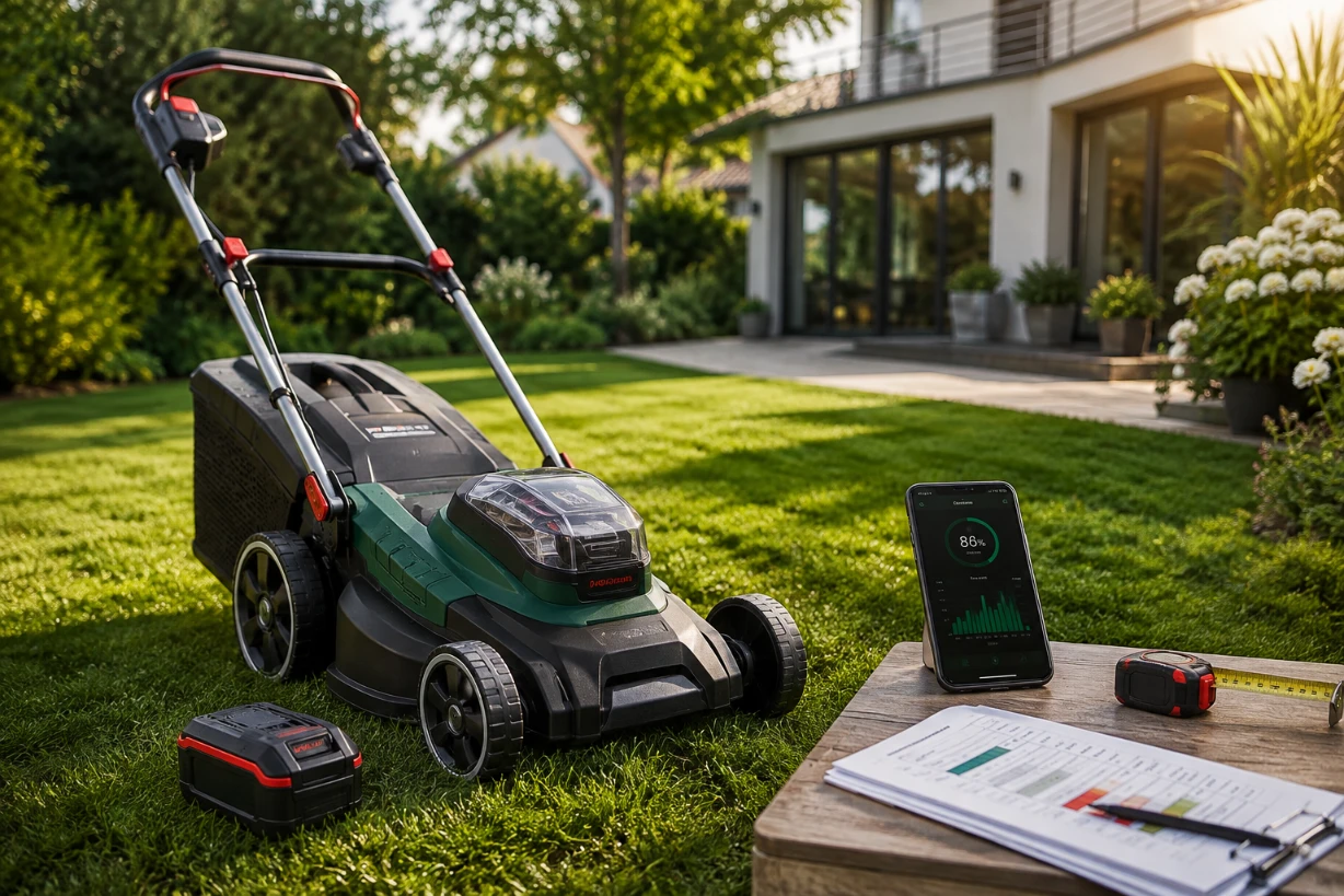 Parkside Akku-Rasenmäher auf gepflegtem Rasen im Garten mit Akku und Zubehör im Vergleich.