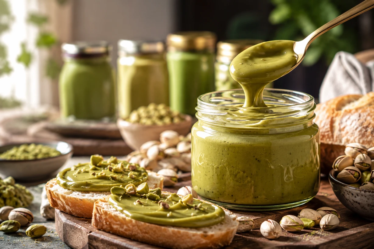 Cremige Pistaziencreme im Glas mit Brot und Pistazien auf rustikalem Frühstückstisch im Licht.