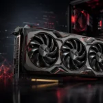 Moderne AMD-Grafikkarte mit drei Lüftern in dunkler PC-Umgebung und roten Lichteffekten im Fokus.
