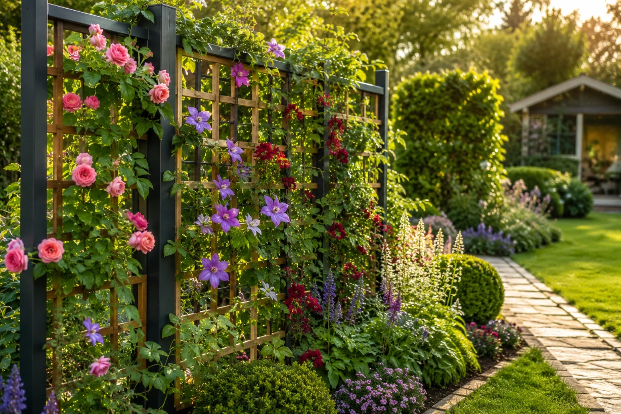 Stabiles Rankgitter mit Rosen und Clematis in gepflegtem Garten, beleuchtet vom warmen Morgenlicht.