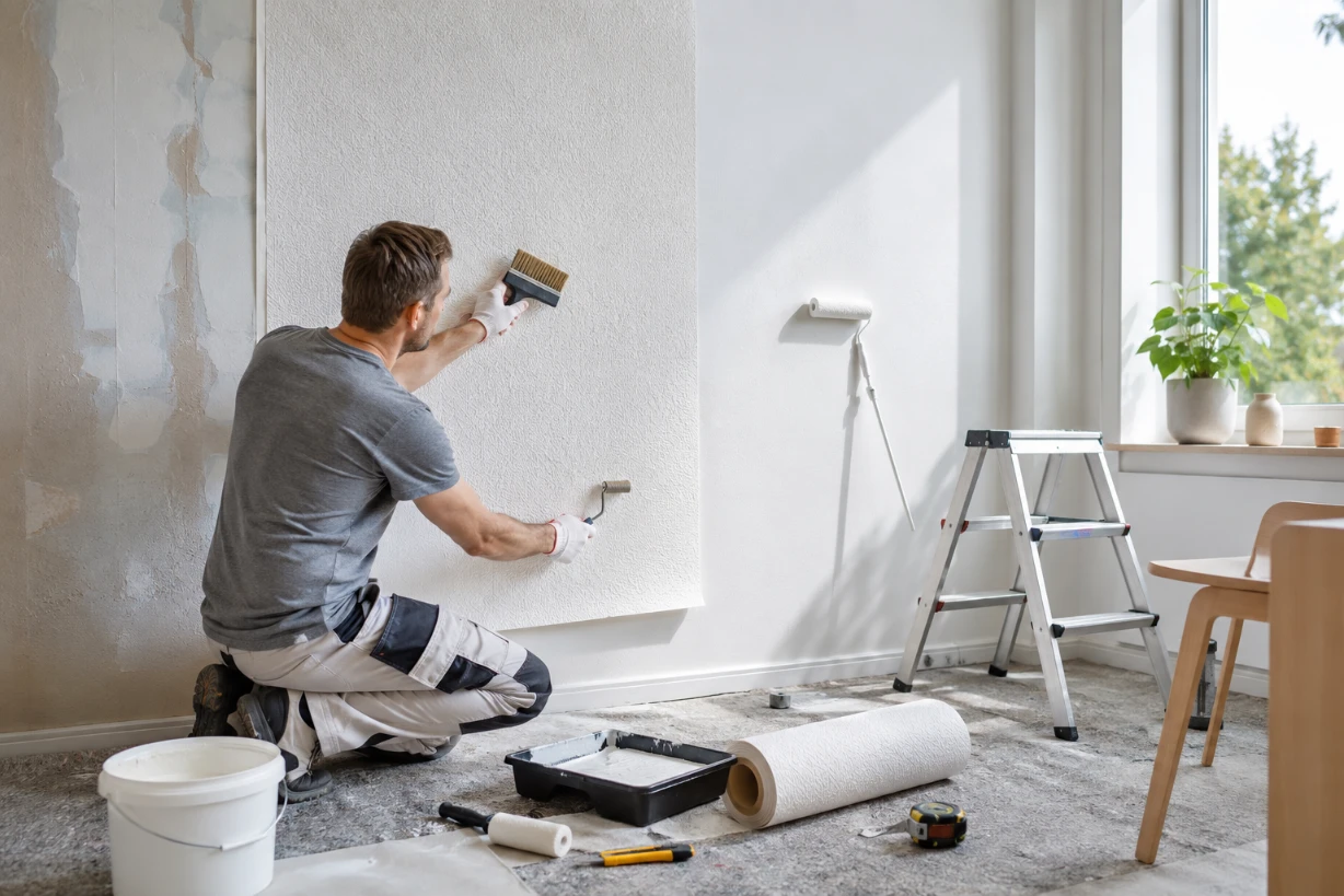 DIY Raufasertapete: Heimwerker bringt Tapete an und streicht Wand in hellem skandinavischem Raum Raum hel.