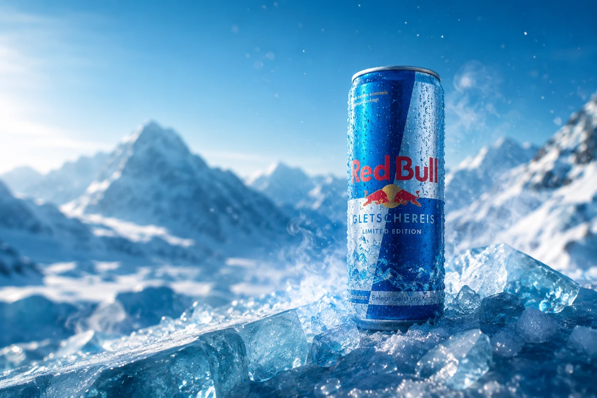 Red Bull Gletschereis Limited Edition auf Eis mit Alpenpanorama – winterlich, frisch und exklusiv.