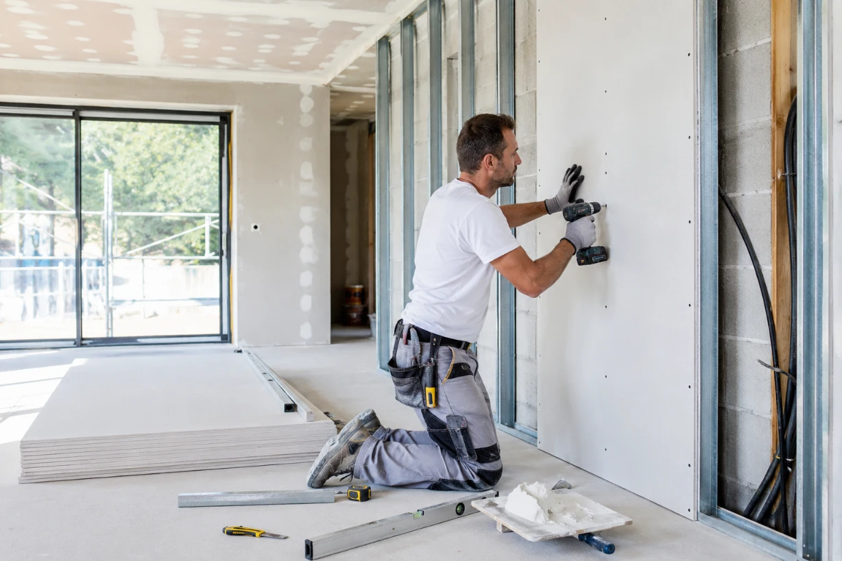 Handwerker montiert Rigipsplatten an einer Metallständerwand im hellen Neubau mit Trockenbauwerkzeug.