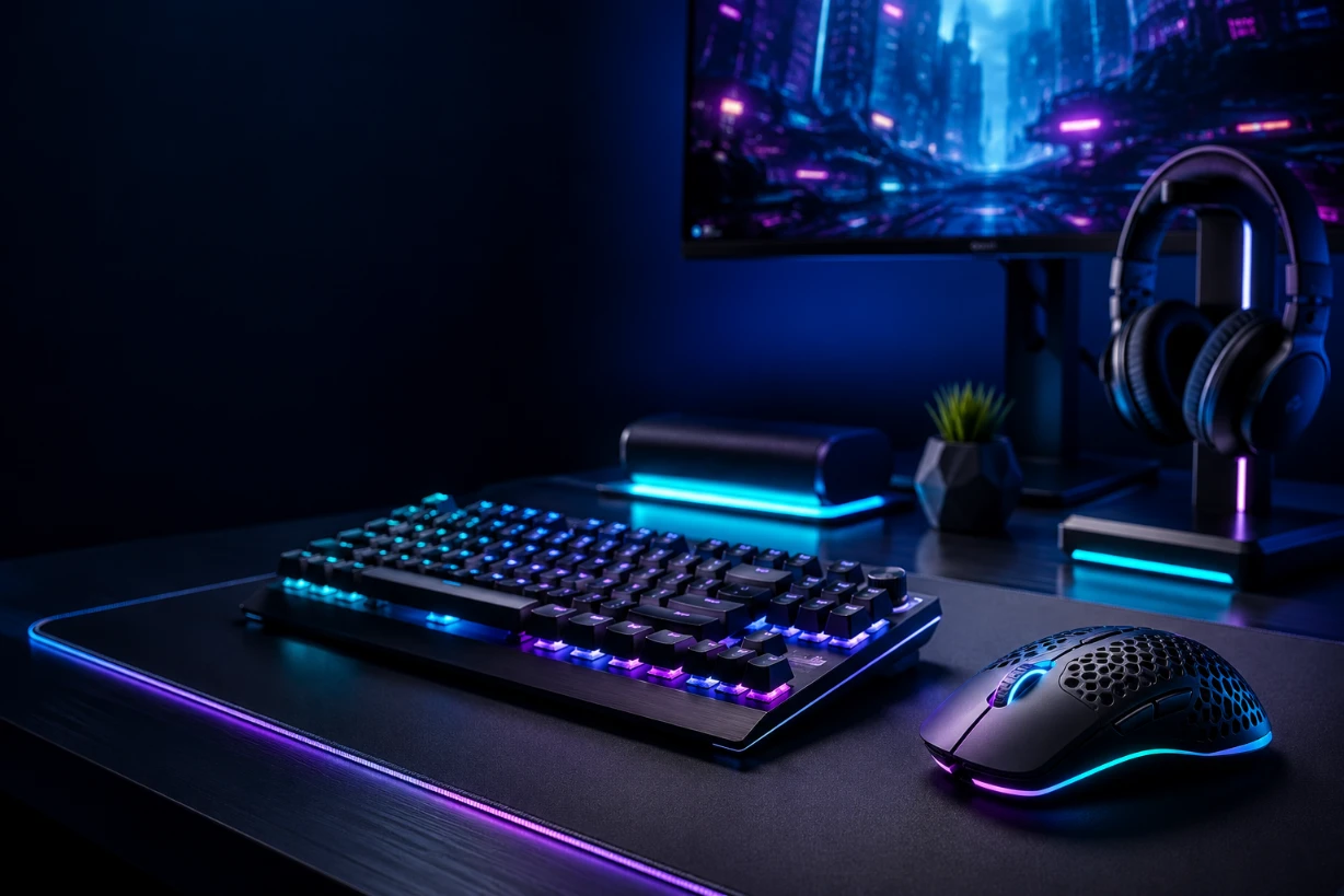 Gaming-Maus und RGB-Tastatur auf modernem Schreibtisch mit stimmungsvoller Beleuchtung und Monitor.