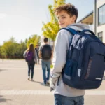 Schüler mit ergonomischem Schulrucksack auf dem Weg zur Schule in heller Morgenstimmung.