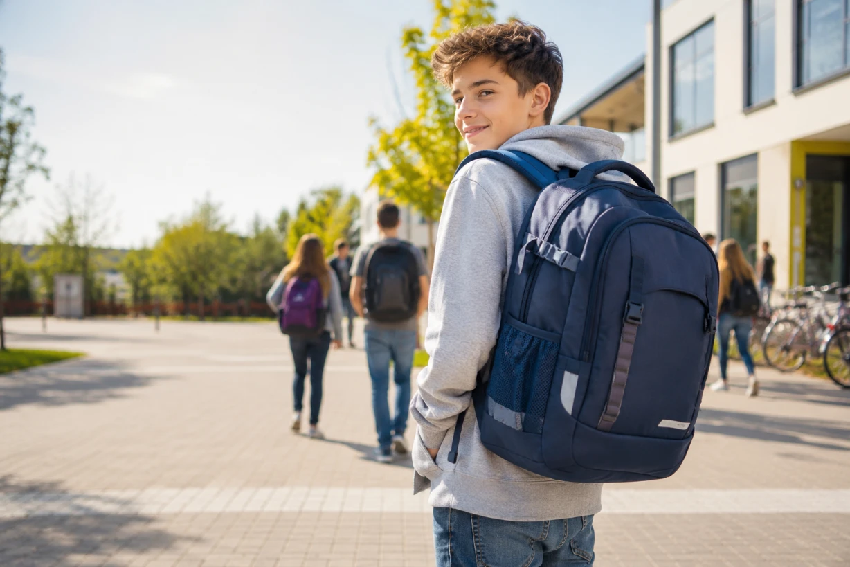 Schüler mit ergonomischem Schulrucksack auf dem Weg zur Schule in heller Morgenstimmung.