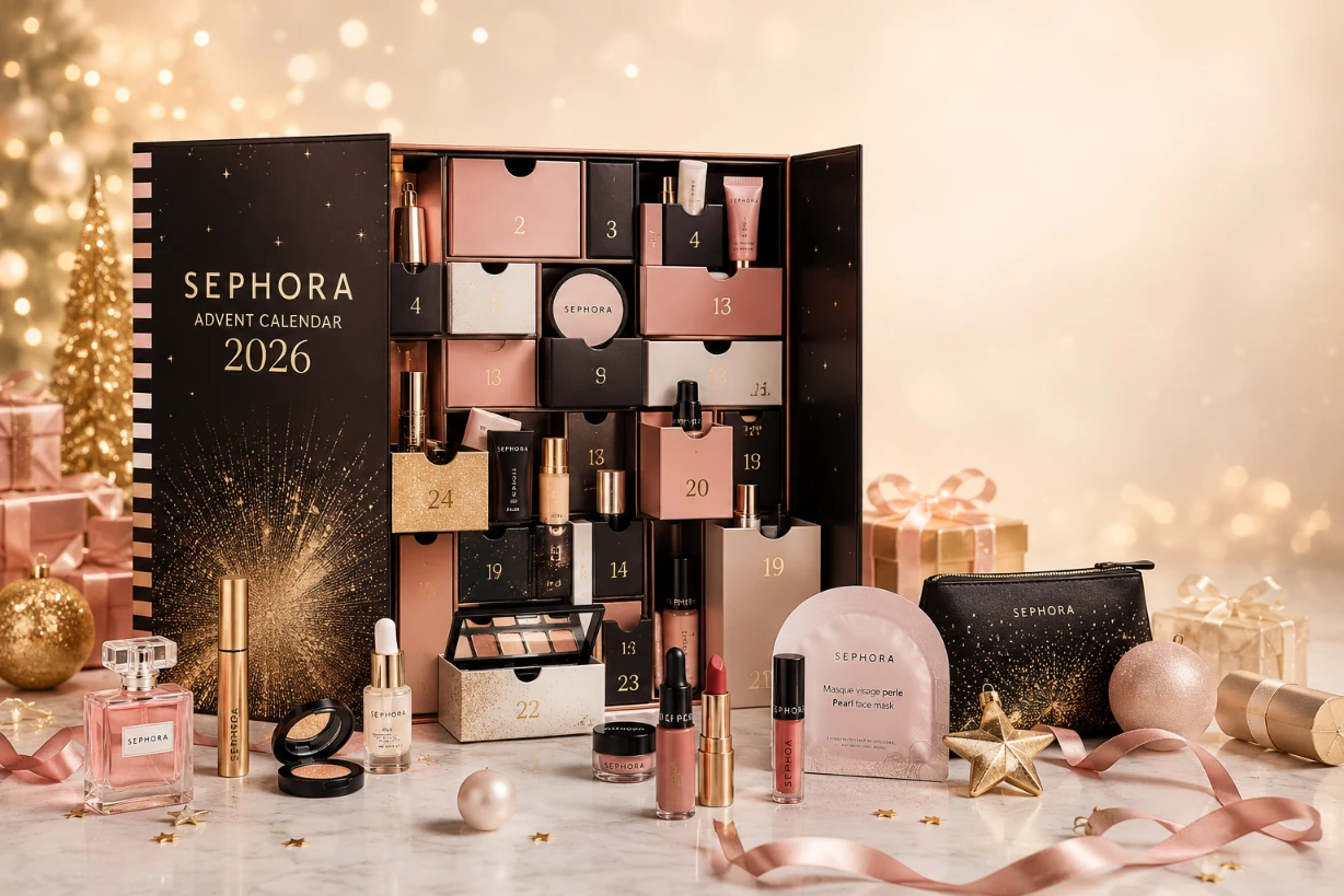 Luxuriöser Beauty-Adventskalender 2026 mit Kosmetik, Geschenken und festlicher Dekoration.