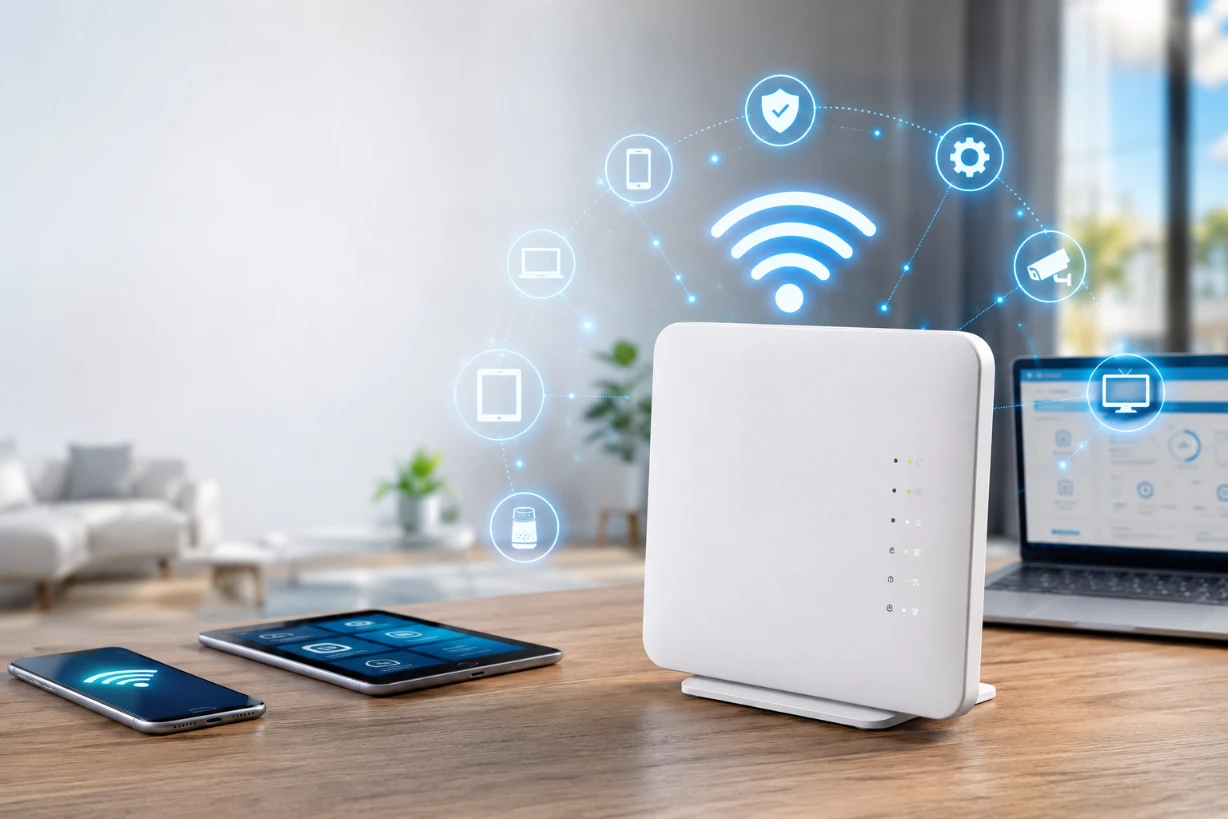 Moderner WLAN-Router auf Schreibtisch mit Smart-Home-Geräten und Symbolen für Netzwerk und Einrichtung.