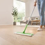 Moderne Wohnung: Swiffer Bodenwischer entfernt Staub und Tierhaare schnell vom hellen Holzboden.