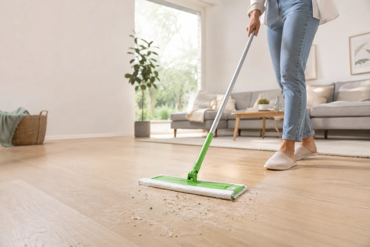 Moderne Wohnung: Swiffer Bodenwischer entfernt Staub und Tierhaare schnell vom hellen Holzboden.
