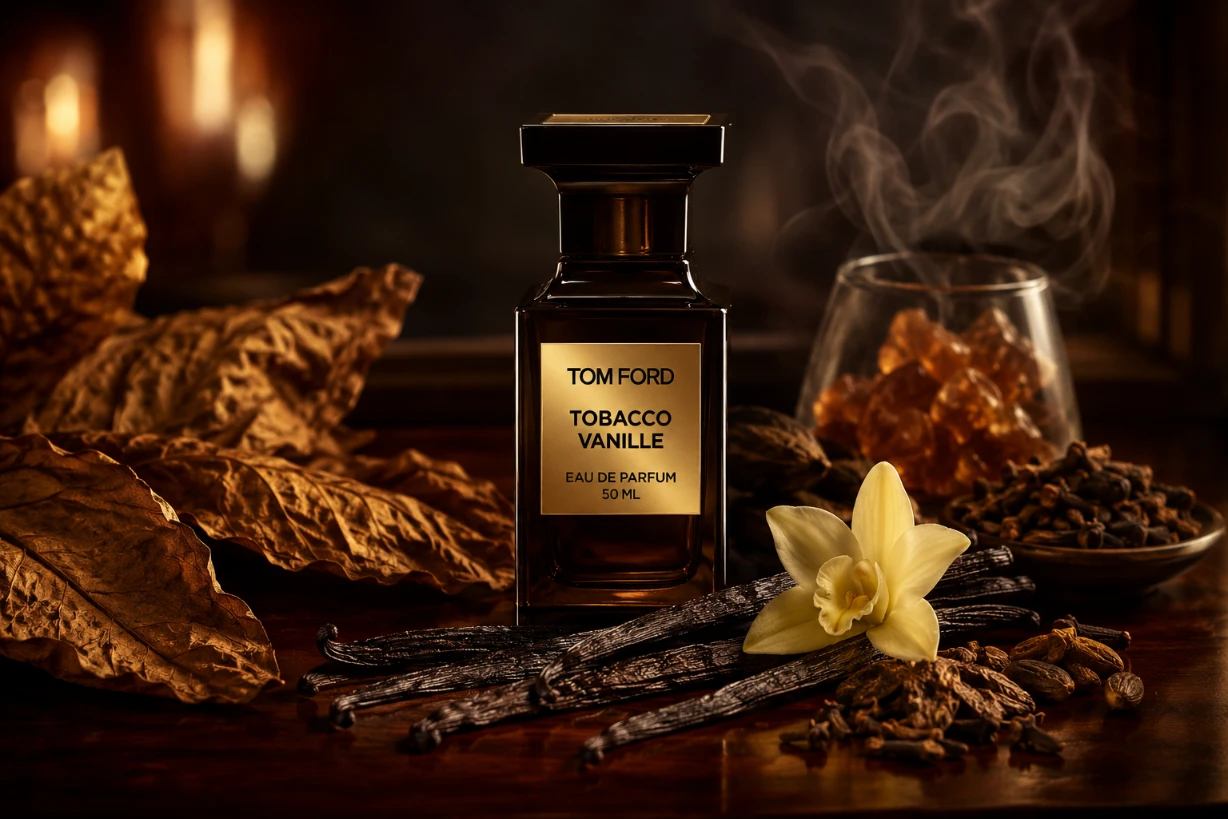 Tom Ford Tobacco Vanille auf edlem Holz, umgeben von Vanille, Tabakblättern und warmem Licht.