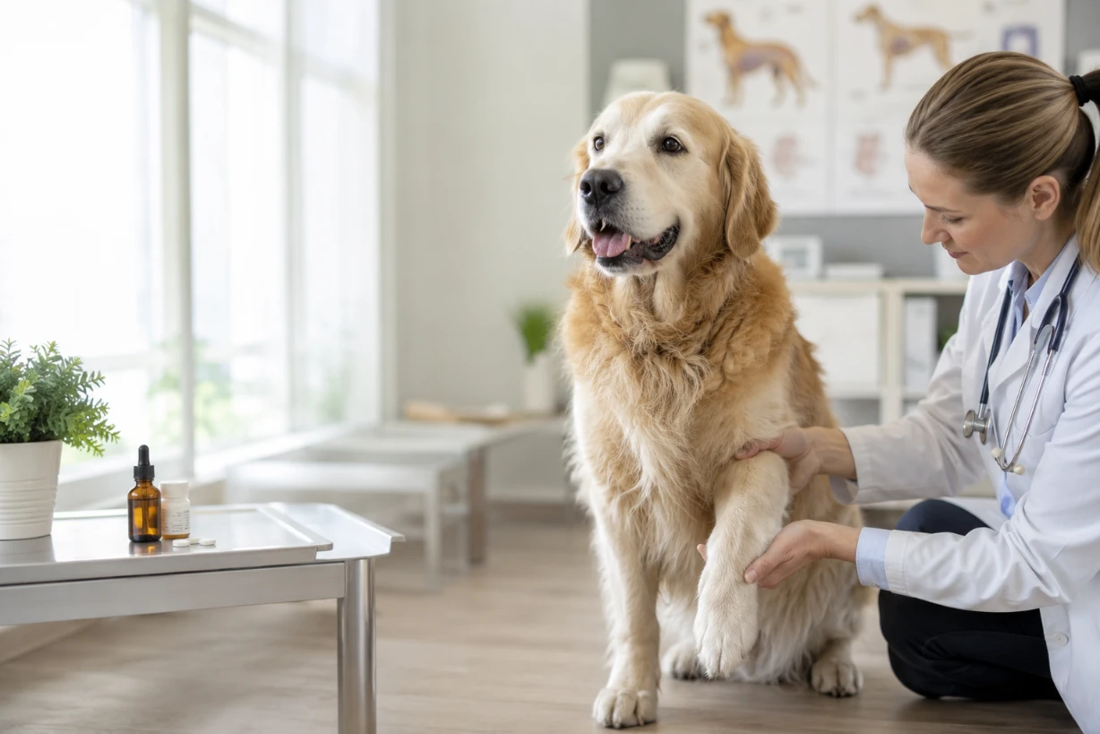 Älterer Golden Retriever wird in heller Tierarztpraxis wegen Gelenkbeschwerden behutsam untersucht.