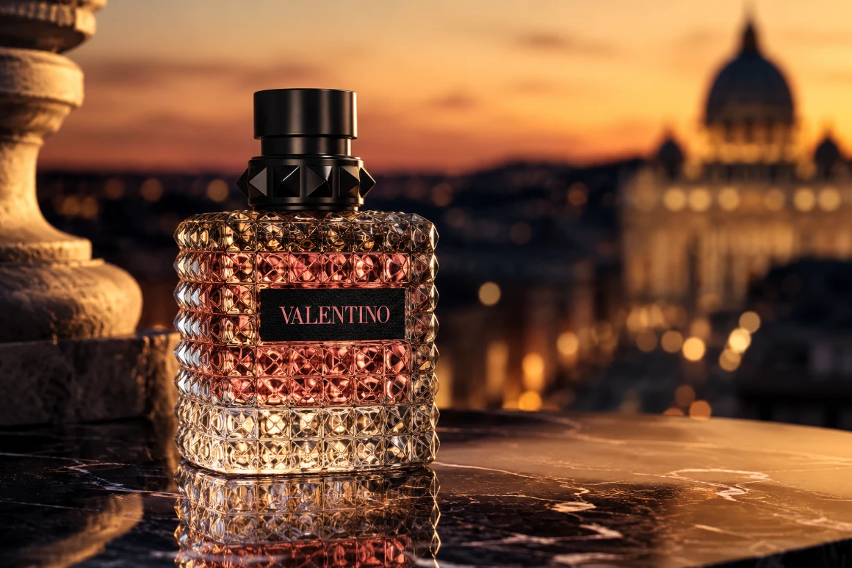 Valentino Born In Roma Flakon auf dunklem Marmor mit goldenen Lichtreflexen und elegantem Rom-Flair.