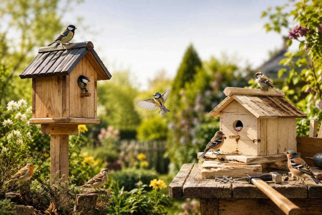 Vogelhäuser im Garten: gekauftes und selbst gebautes Modell mit heimischen Singvögeln.