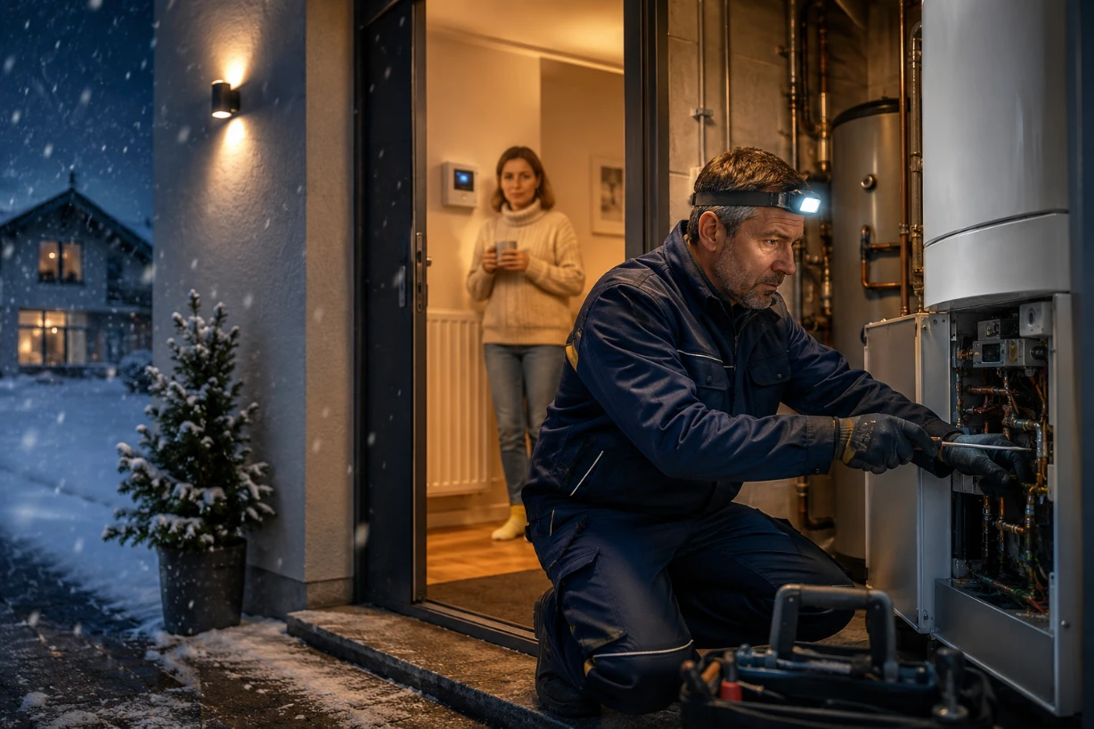 Heizungsnotdienst-Techniker repariert Heizung an Winterabend, während Bewohner im Haus Wärme sucht.