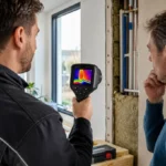 Techniker und Hausbesitzer prüfen eine Wand mit Wärmebildkamera zur Erkennung von Wärmeverlusten.