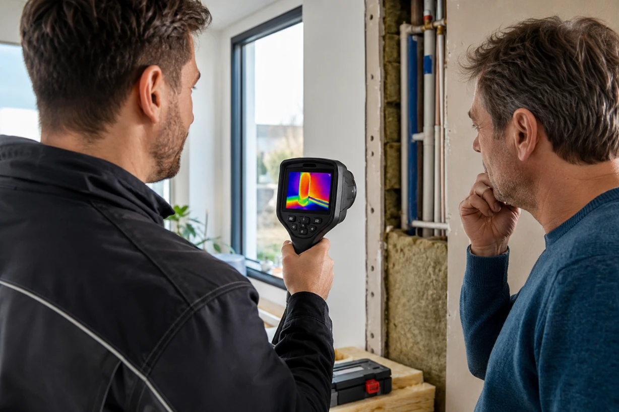 Techniker und Hausbesitzer prüfen eine Wand mit Wärmebildkamera zur Erkennung von Wärmeverlusten.