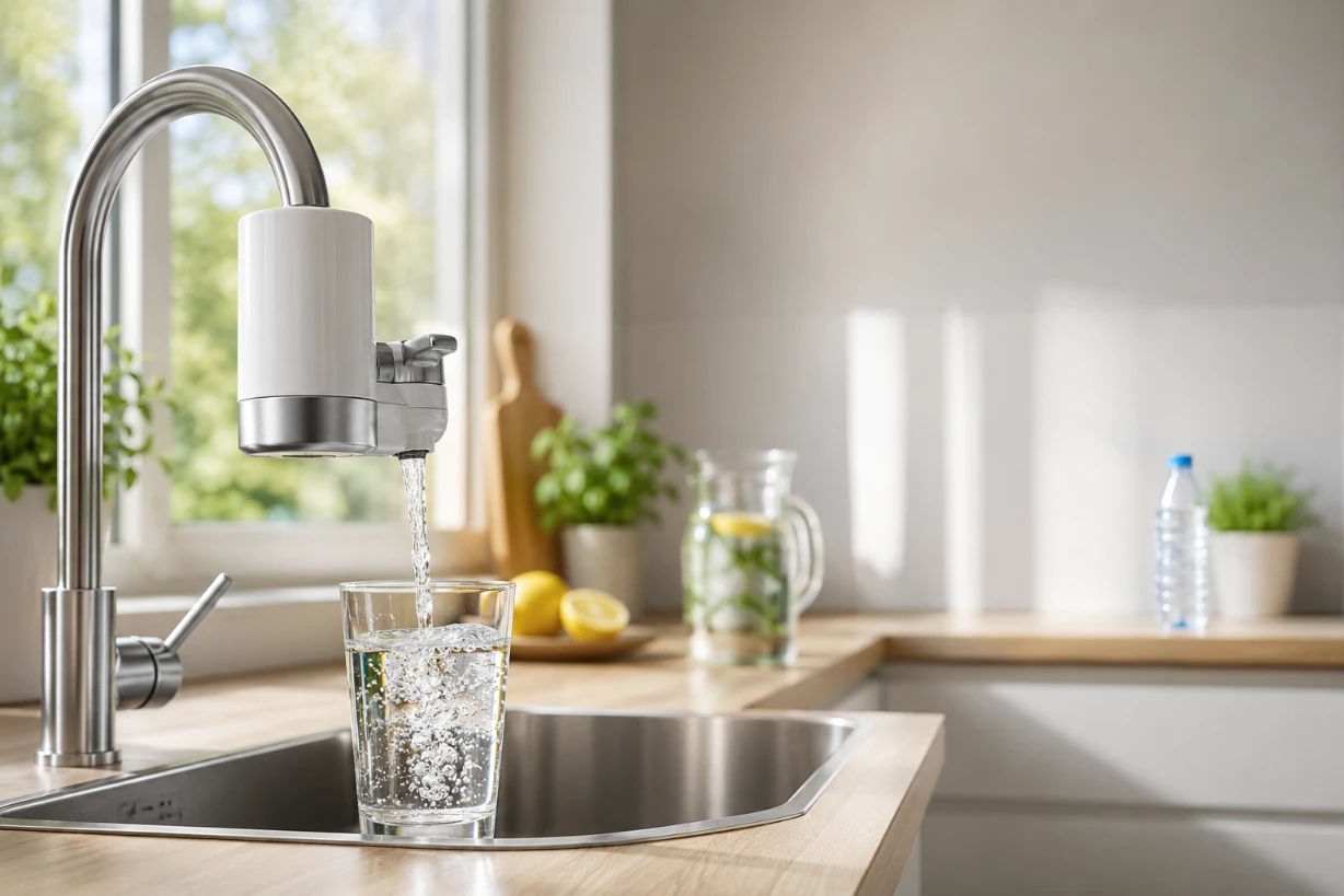 Wasserfilter am Wasserhahn füllt ein Glas mit klarem Wasser in moderner, heller Küche bei Tageslicht.