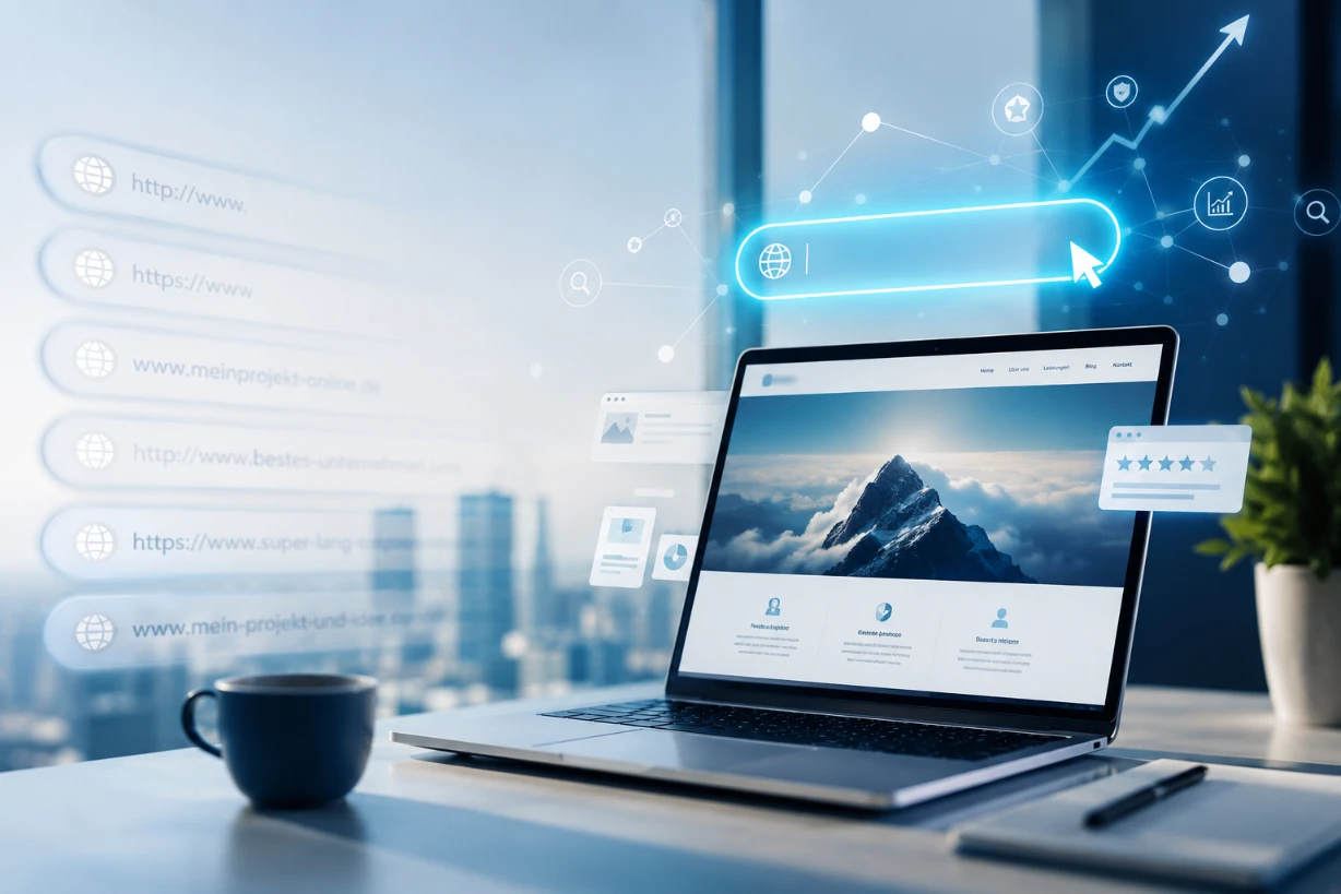 Moderner Laptop mit Website-Design und digitalen Symbolen in heller Büroumgebung mit Technologie-Atmosphäre.