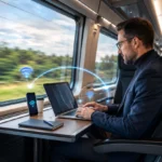Geschäftsreisender nutzt WLAN im ICE mit Laptop und Smartphone während der Fahrt durch Deutschland.