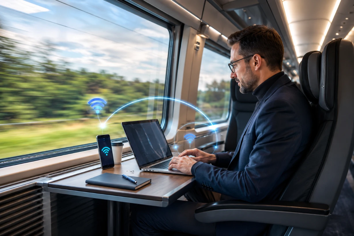 Geschäftsreisender nutzt WLAN im ICE mit Laptop und Smartphone während der Fahrt durch Deutschland.